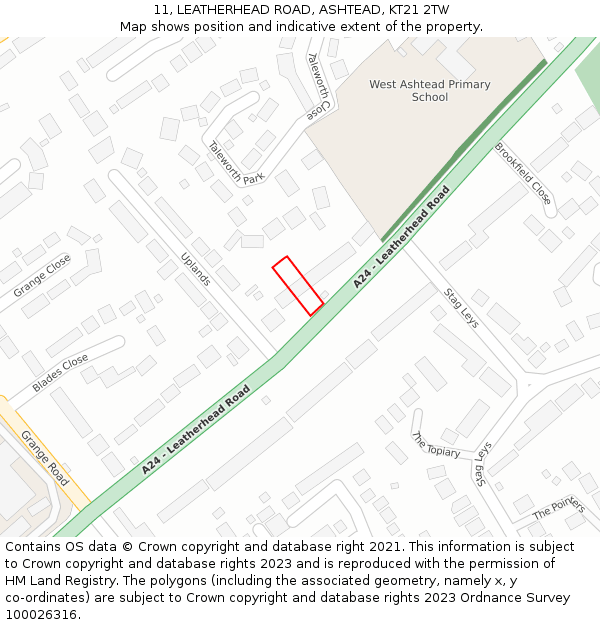 11, LEATHERHEAD ROAD, ASHTEAD, KT21 2TW: Location map and indicative extent of plot