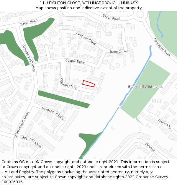 11, LEIGHTON CLOSE, WELLINGBOROUGH, NN8 4SX: Location map and indicative extent of plot