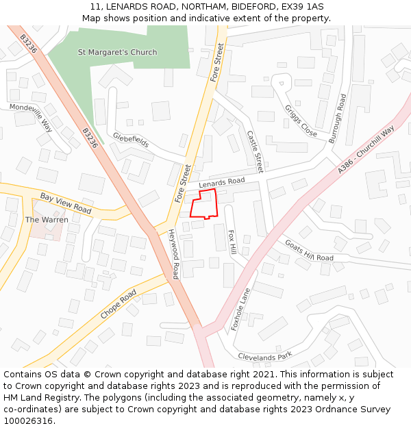11, LENARDS ROAD, NORTHAM, BIDEFORD, EX39 1AS: Location map and indicative extent of plot