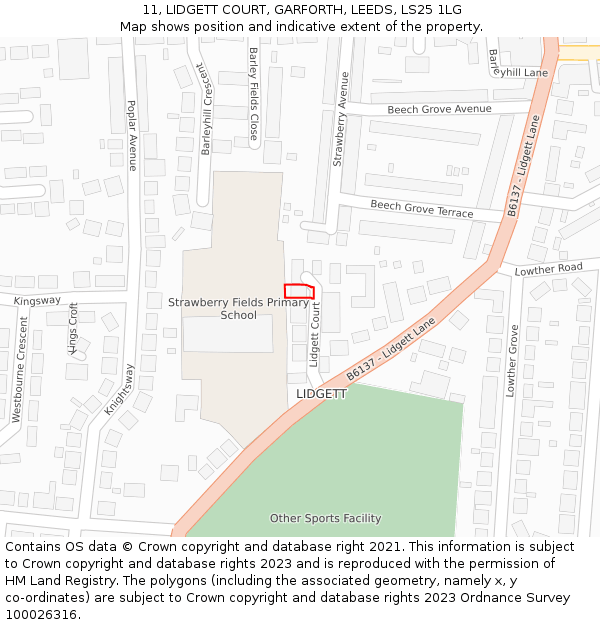 11, LIDGETT COURT, GARFORTH, LEEDS, LS25 1LG: Location map and indicative extent of plot