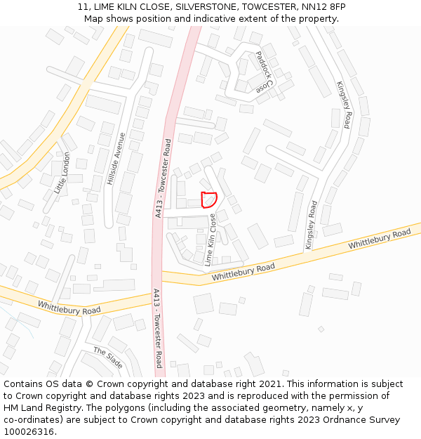 11, LIME KILN CLOSE, SILVERSTONE, TOWCESTER, NN12 8FP: Location map and indicative extent of plot
