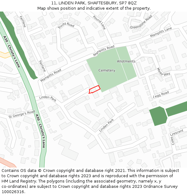 11, LINDEN PARK, SHAFTESBURY, SP7 8QZ: Location map and indicative extent of plot