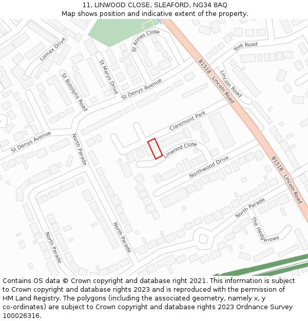 11, LINWOOD CLOSE, SLEAFORD, NG34 8AQ: Location map and indicative extent of plot