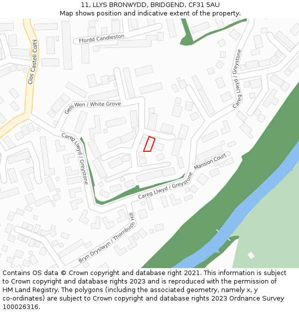 11, LLYS BRONWYDD, BRIDGEND, CF31 5AU: Location map and indicative extent of plot