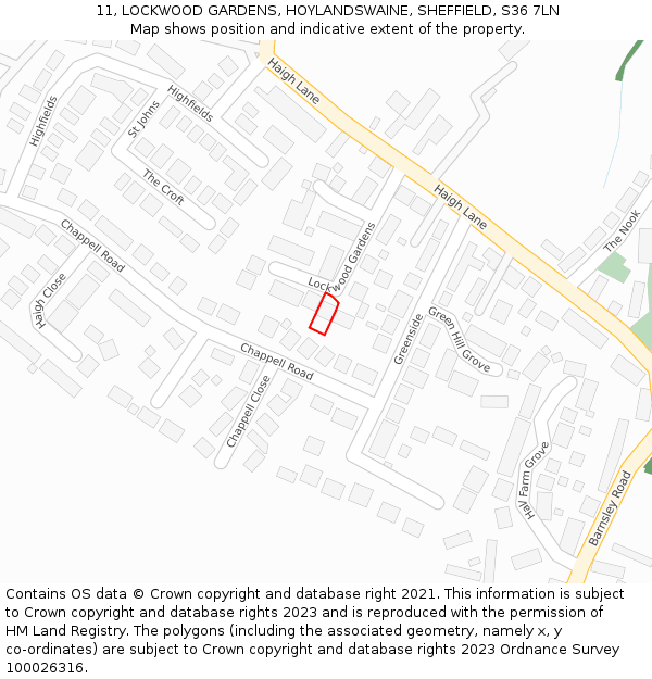 11, LOCKWOOD GARDENS, HOYLANDSWAINE, SHEFFIELD, S36 7LN: Location map and indicative extent of plot
