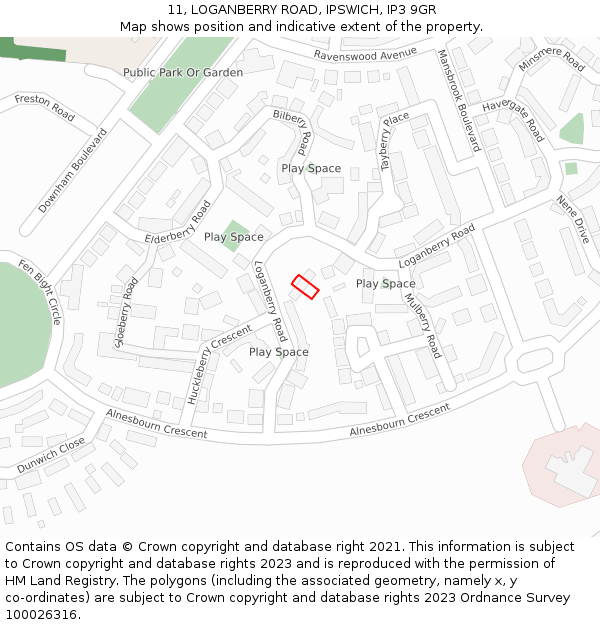 11, LOGANBERRY ROAD, IPSWICH, IP3 9GR: Location map and indicative extent of plot