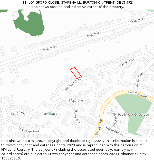 11, LONGFORD CLOSE, STAPENHILL, BURTON-ON-TRENT, DE15 9FZ: Location map and indicative extent of plot