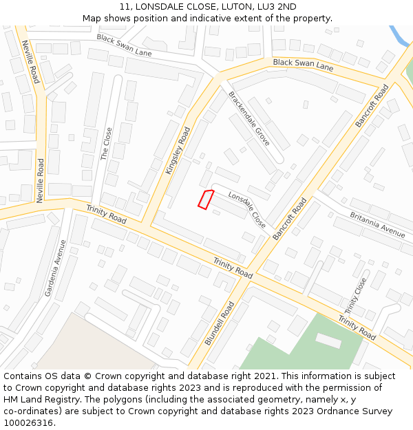 11, LONSDALE CLOSE, LUTON, LU3 2ND: Location map and indicative extent of plot