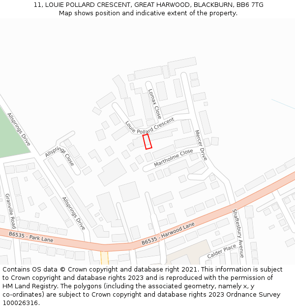 11, LOUIE POLLARD CRESCENT, GREAT HARWOOD, BLACKBURN, BB6 7TG: Location map and indicative extent of plot