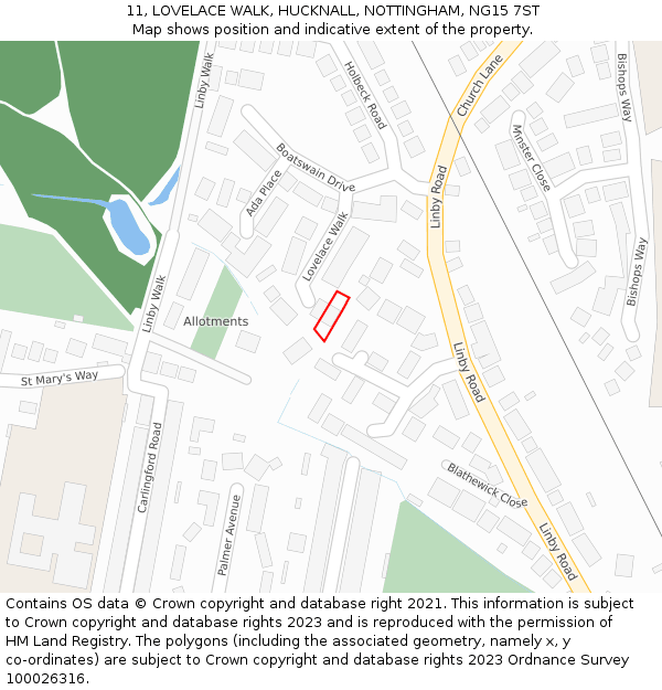 11, LOVELACE WALK, HUCKNALL, NOTTINGHAM, NG15 7ST: Location map and indicative extent of plot