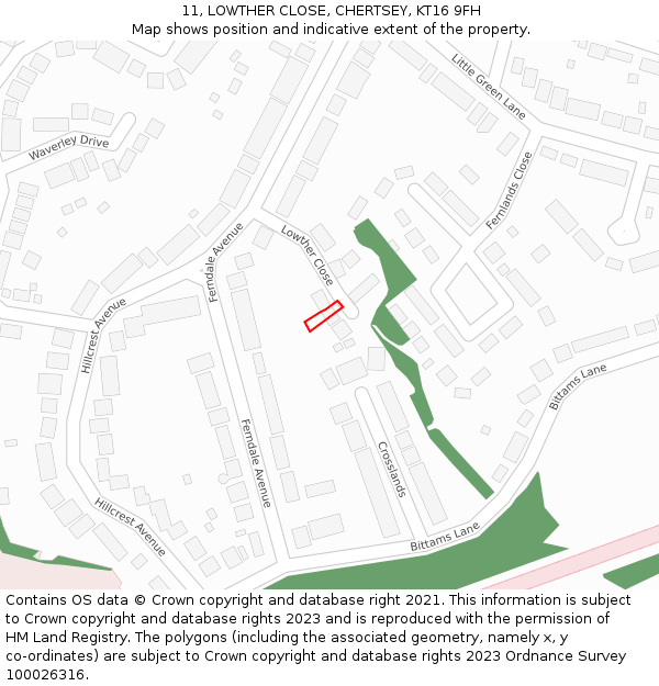 11, LOWTHER CLOSE, CHERTSEY, KT16 9FH: Location map and indicative extent of plot