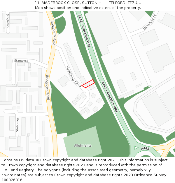 11, MADEBROOK CLOSE, SUTTON HILL, TELFORD, TF7 4JU: Location map and indicative extent of plot