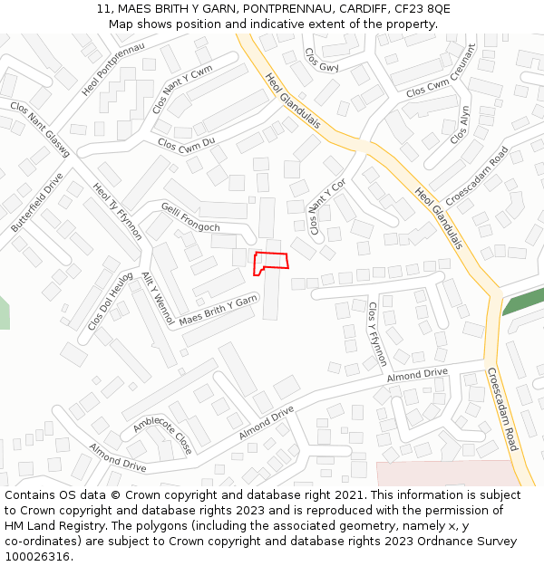 11, MAES BRITH Y GARN, PONTPRENNAU, CARDIFF, CF23 8QE: Location map and indicative extent of plot