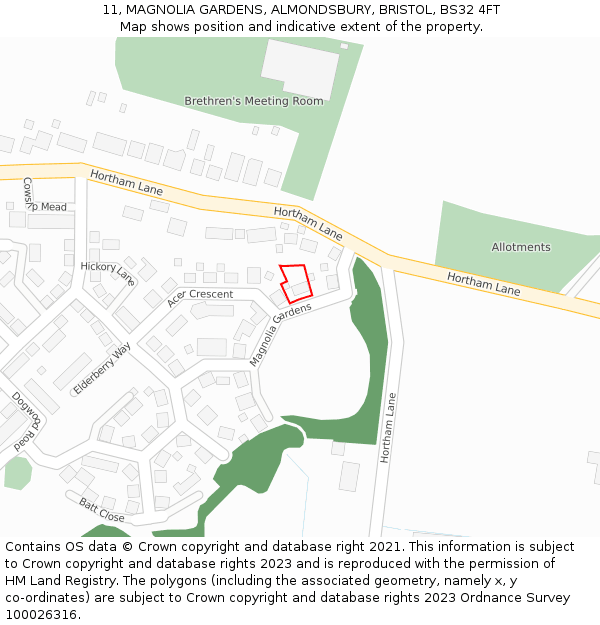 11, MAGNOLIA GARDENS, ALMONDSBURY, BRISTOL, BS32 4FT: Location map and indicative extent of plot