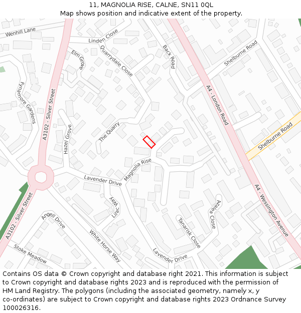 11, MAGNOLIA RISE, CALNE, SN11 0QL: Location map and indicative extent of plot