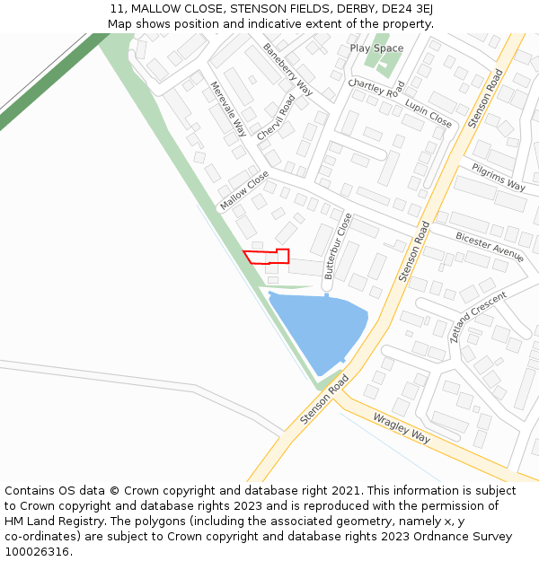 11, MALLOW CLOSE, STENSON FIELDS, DERBY, DE24 3EJ: Location map and indicative extent of plot