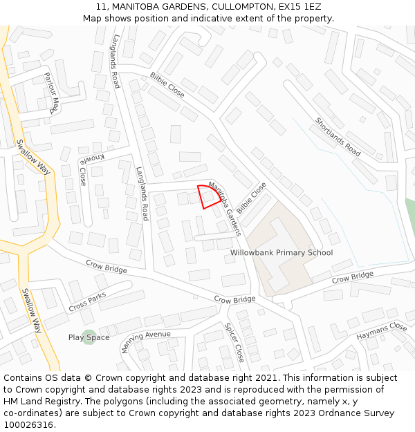 11, MANITOBA GARDENS, CULLOMPTON, EX15 1EZ: Location map and indicative extent of plot