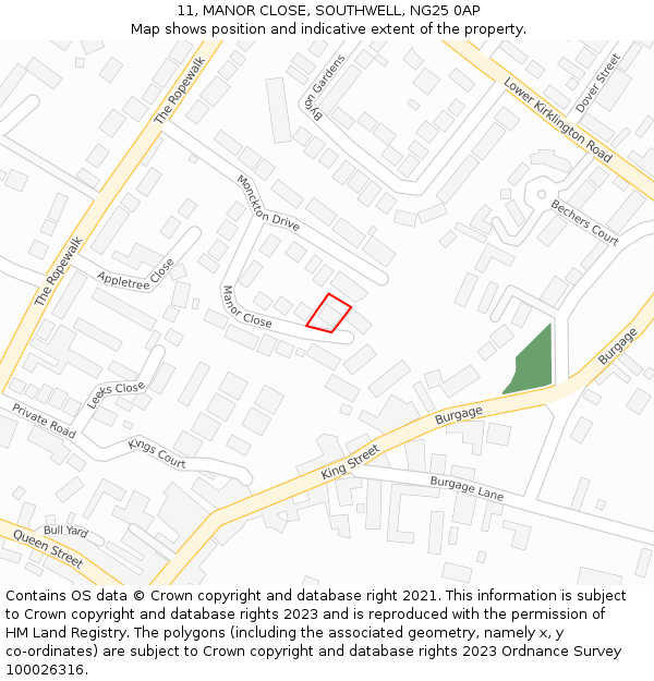 11, MANOR CLOSE, SOUTHWELL, NG25 0AP: Location map and indicative extent of plot