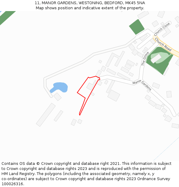 11, MANOR GARDENS, WESTONING, BEDFORD, MK45 5NA: Location map and indicative extent of plot