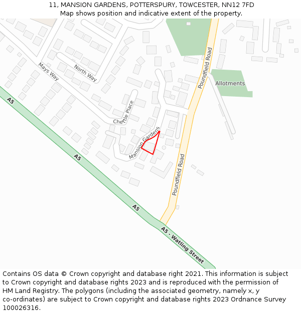 11, MANSION GARDENS, POTTERSPURY, TOWCESTER, NN12 7FD: Location map and indicative extent of plot