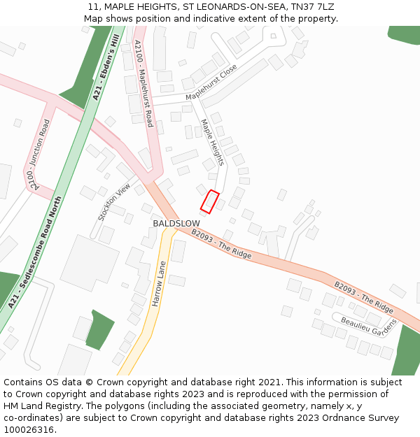 11, MAPLE HEIGHTS, ST LEONARDS-ON-SEA, TN37 7LZ: Location map and indicative extent of plot