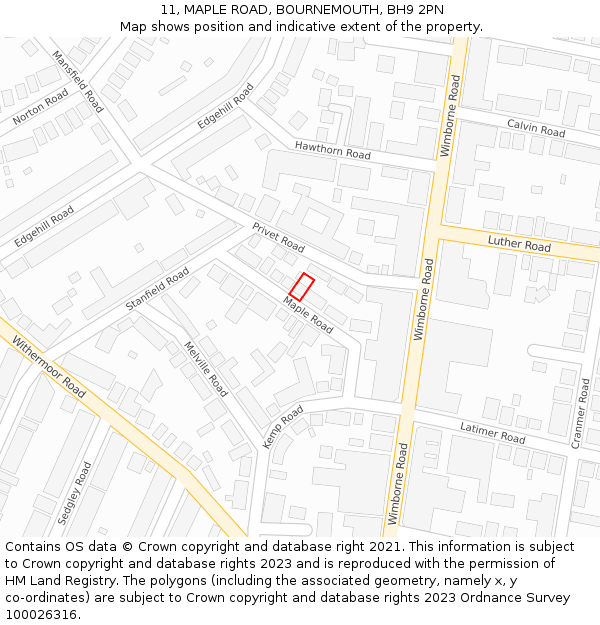 11, MAPLE ROAD, BOURNEMOUTH, BH9 2PN: Location map and indicative extent of plot