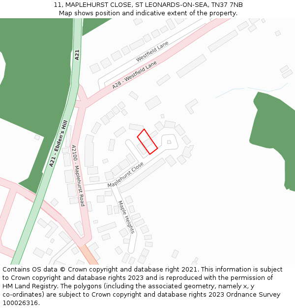 11, MAPLEHURST CLOSE, ST LEONARDS-ON-SEA, TN37 7NB: Location map and indicative extent of plot