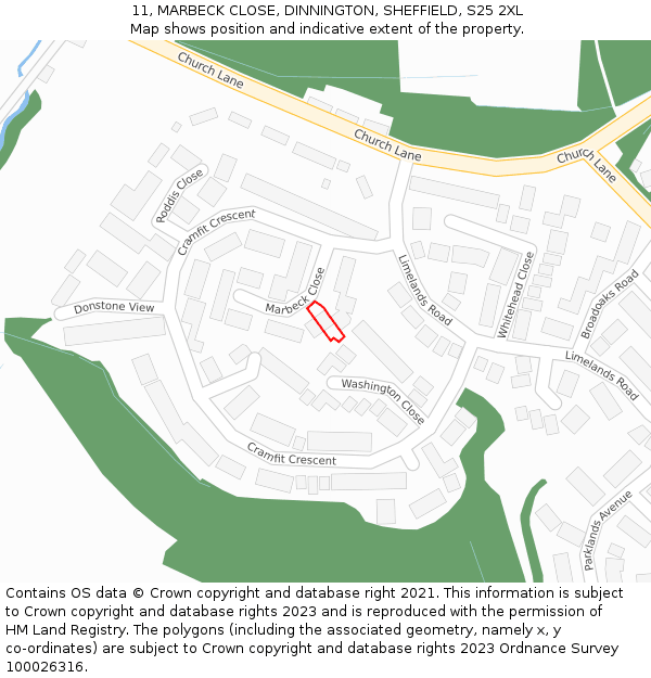 11, MARBECK CLOSE, DINNINGTON, SHEFFIELD, S25 2XL: Location map and indicative extent of plot