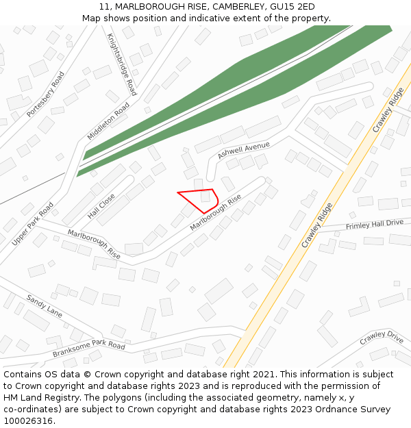 11, MARLBOROUGH RISE, CAMBERLEY, GU15 2ED: Location map and indicative extent of plot