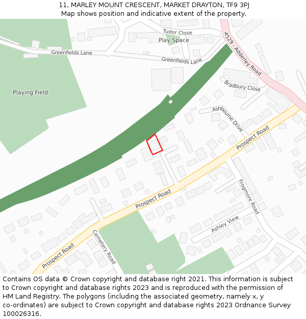 11, MARLEY MOUNT CRESCENT, MARKET DRAYTON, TF9 3PJ: Location map and indicative extent of plot
