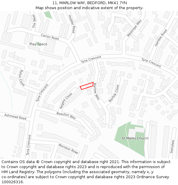 11, MARLOW WAY, BEDFORD, MK41 7YN: Location map and indicative extent of plot