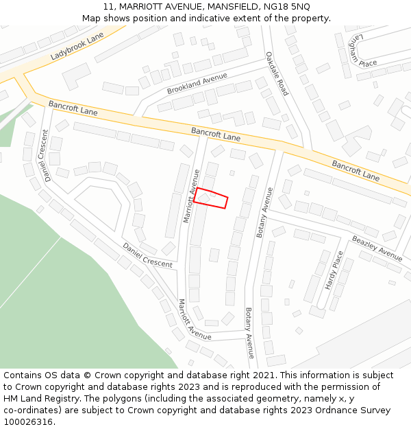 11, MARRIOTT AVENUE, MANSFIELD, NG18 5NQ: Location map and indicative extent of plot