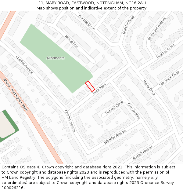 11, MARY ROAD, EASTWOOD, NOTTINGHAM, NG16 2AH: Location map and indicative extent of plot