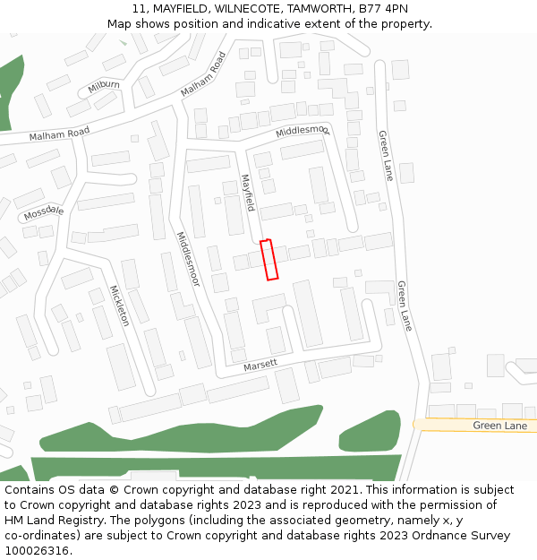 11, MAYFIELD, WILNECOTE, TAMWORTH, B77 4PN: Location map and indicative extent of plot