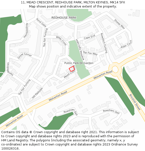 11, MEAD CRESCENT, REDHOUSE PARK, MILTON KEYNES, MK14 5FX: Location map and indicative extent of plot