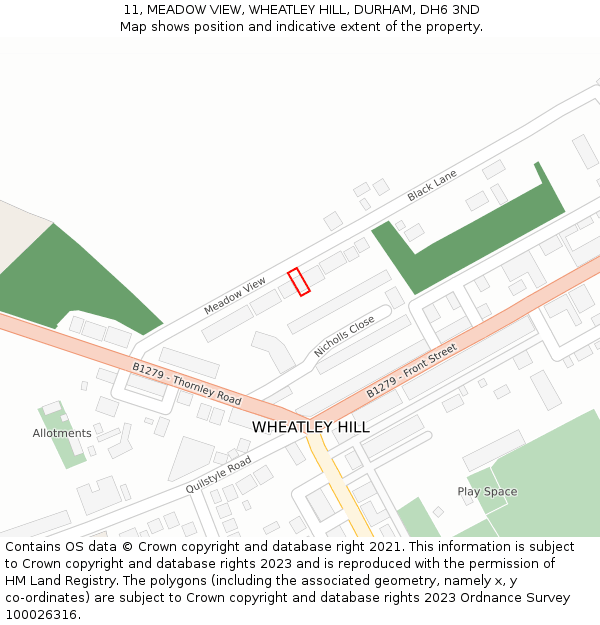 11, MEADOW VIEW, WHEATLEY HILL, DURHAM, DH6 3ND: Location map and indicative extent of plot