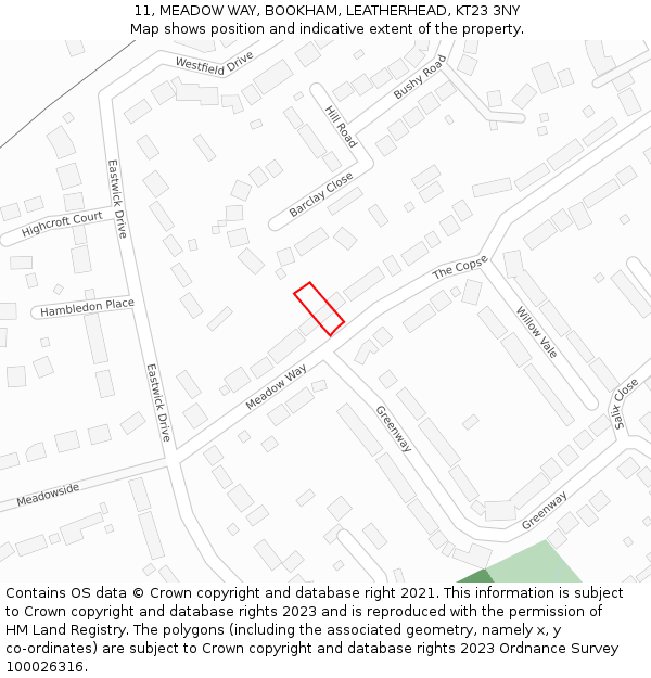 11, MEADOW WAY, BOOKHAM, LEATHERHEAD, KT23 3NY: Location map and indicative extent of plot