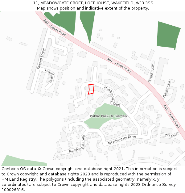 11, MEADOWGATE CROFT, LOFTHOUSE, WAKEFIELD, WF3 3SS: Location map and indicative extent of plot