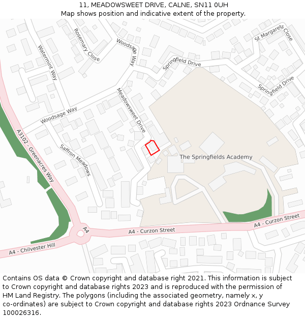 11, MEADOWSWEET DRIVE, CALNE, SN11 0UH: Location map and indicative extent of plot