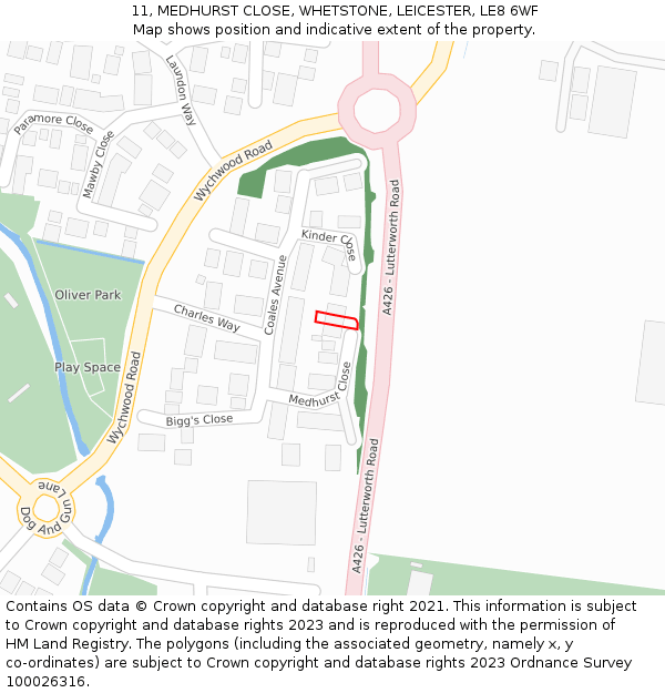 11, MEDHURST CLOSE, WHETSTONE, LEICESTER, LE8 6WF: Location map and indicative extent of plot