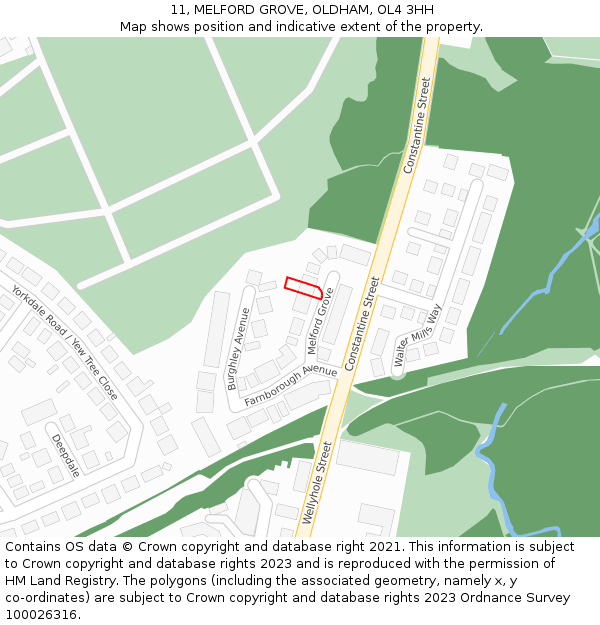 11, MELFORD GROVE, OLDHAM, OL4 3HH: Location map and indicative extent of plot