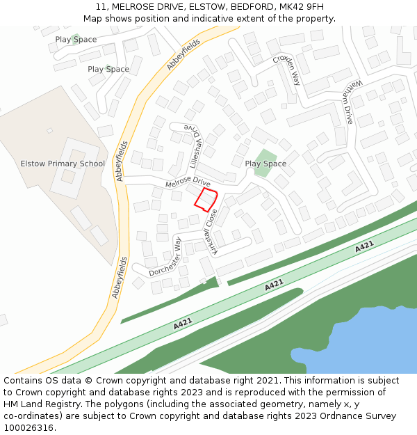 11, MELROSE DRIVE, ELSTOW, BEDFORD, MK42 9FH: Location map and indicative extent of plot