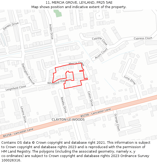 11, MERCIA GROVE, LEYLAND, PR25 5AE: Location map and indicative extent of plot