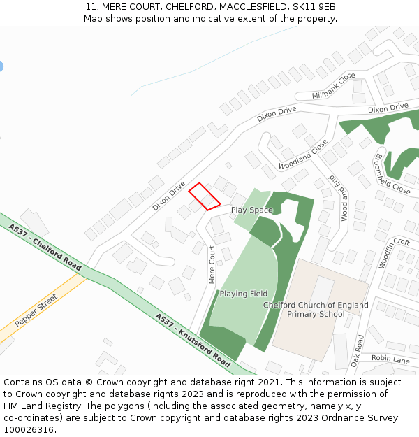 11, MERE COURT, CHELFORD, MACCLESFIELD, SK11 9EB: Location map and indicative extent of plot
