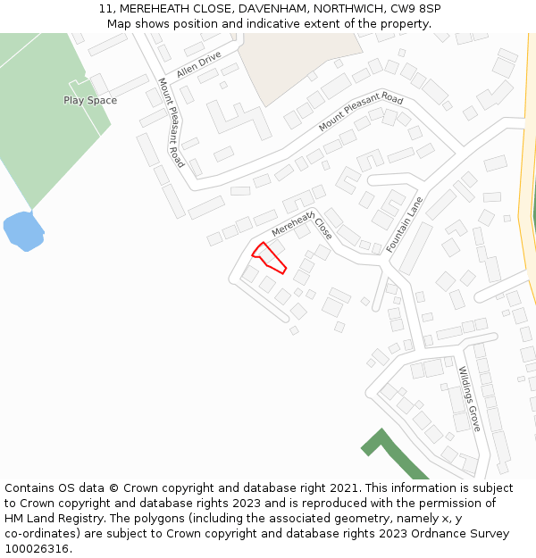 11, MEREHEATH CLOSE, DAVENHAM, NORTHWICH, CW9 8SP: Location map and indicative extent of plot