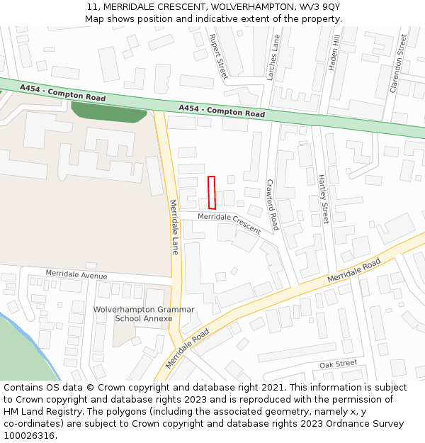 11, MERRIDALE CRESCENT, WOLVERHAMPTON, WV3 9QY: Location map and indicative extent of plot