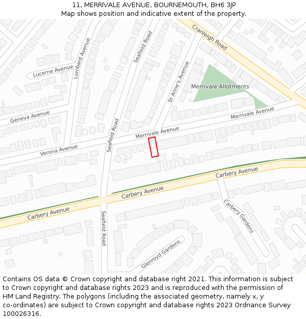 11, MERRIVALE AVENUE, BOURNEMOUTH, BH6 3JP: Location map and indicative extent of plot
