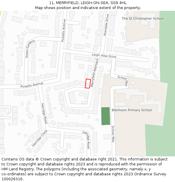 11, MERRYFIELD, LEIGH-ON-SEA, SS9 4HL: Location map and indicative extent of plot