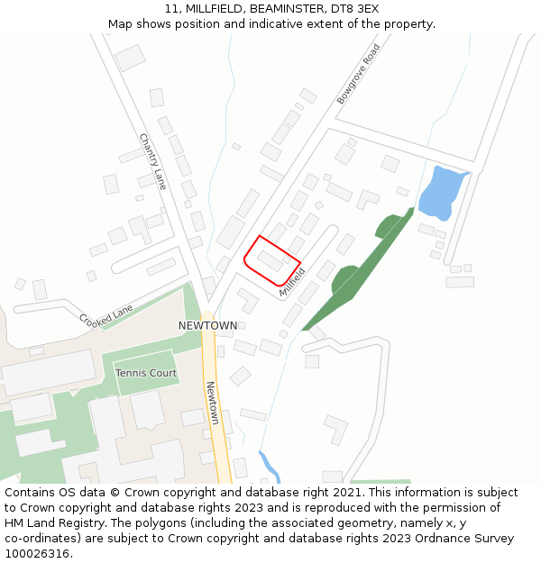11, MILLFIELD, BEAMINSTER, DT8 3EX: Location map and indicative extent of plot