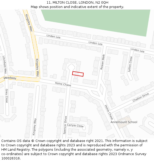 11, MILTON CLOSE, LONDON, N2 0QH: Location map and indicative extent of plot